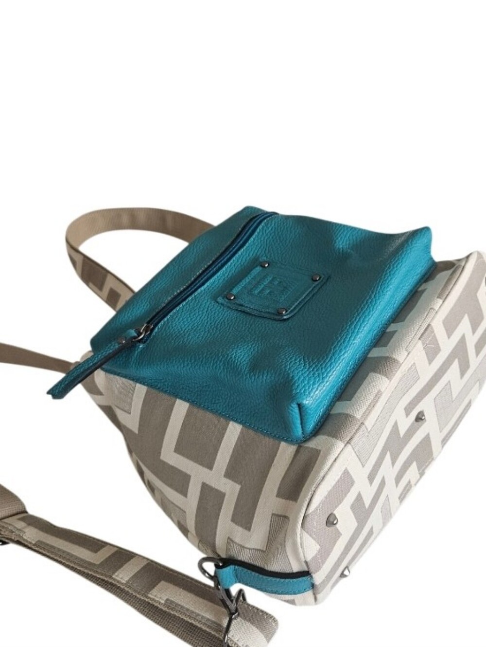 Forest Canvas Geo-Pattern Backpack -Sholder Bag with Teal Leather Pocket - Picture 14 of 16